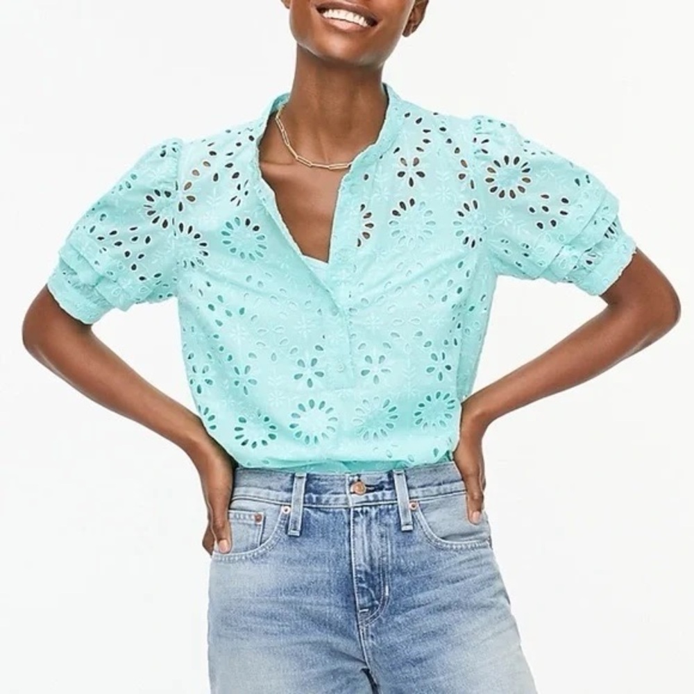 J. Crew (M) Light Blue Puff Sleeve Popover Top- Lace Look, Short Sleeve
